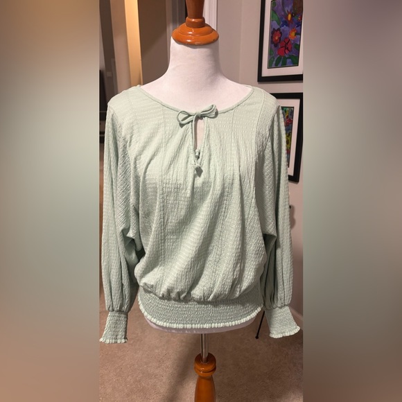 Anthropologie Rebecca Mint Green Smocked Boho Blouse. Size Medium - Picture 6 of 7